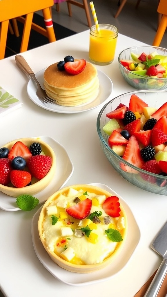 Brunch for Three Friends A brunch spread with pancakes, egg muffins, and fruit salad on a table.